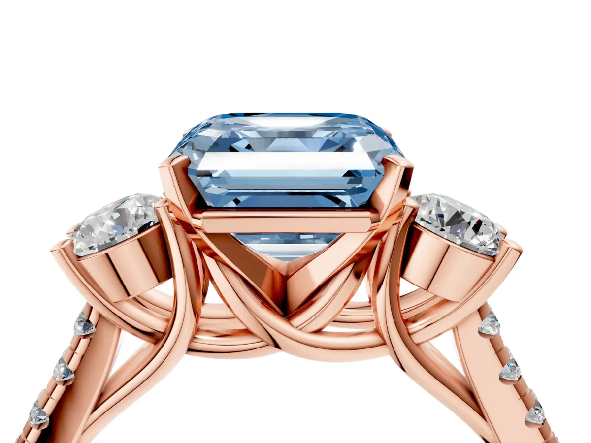 Fancy Blue Three-Stone Asscher Cut Diamond Pavé Band with Four-Prong Setting Rose gold