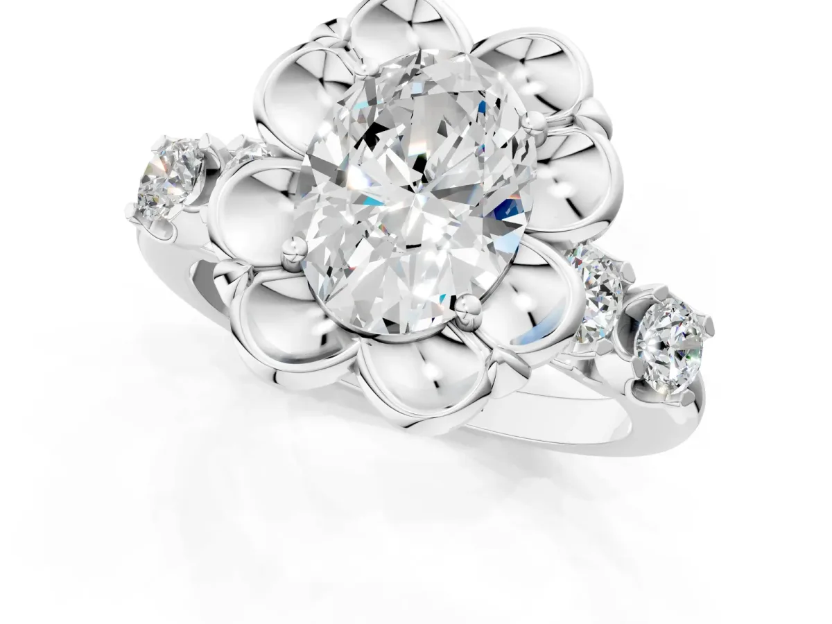 Oval Cut Cut Diamond Floral Halo Engagement Ring with Shared Prong Setting Platinum