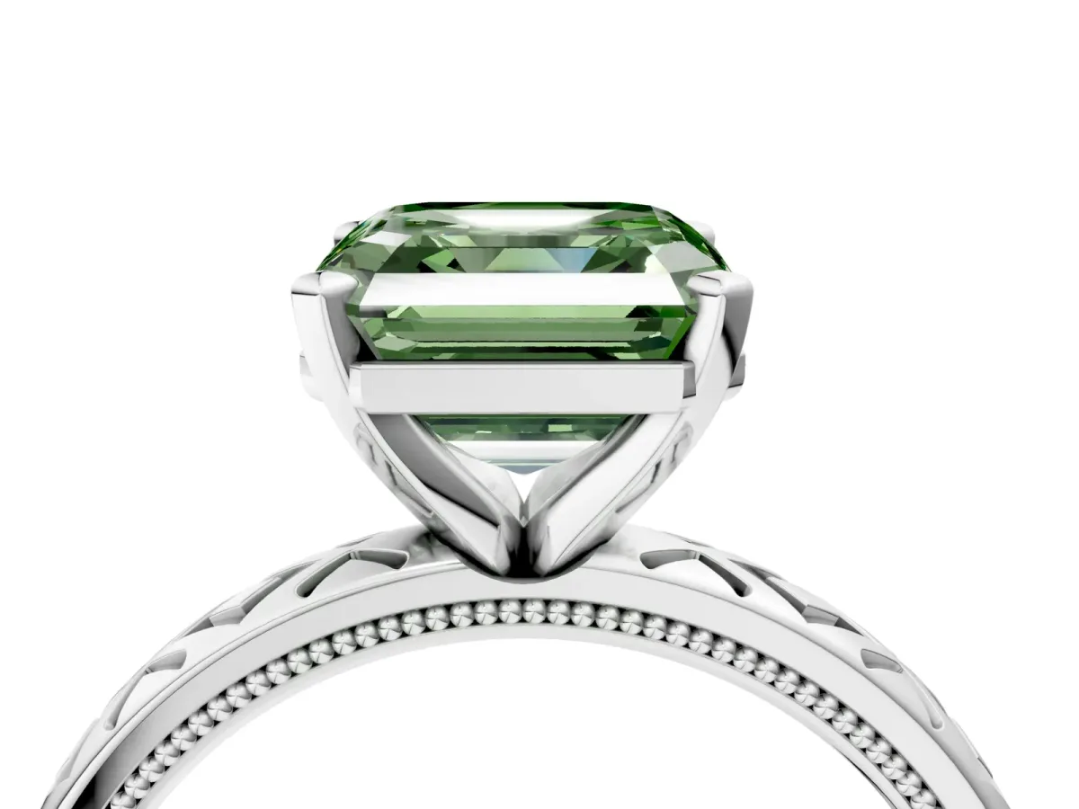 Fancy Green Asscher Cut Solitaire Diamond Ring with Milgrain and Black Enamel X Pattern Band Platinum
