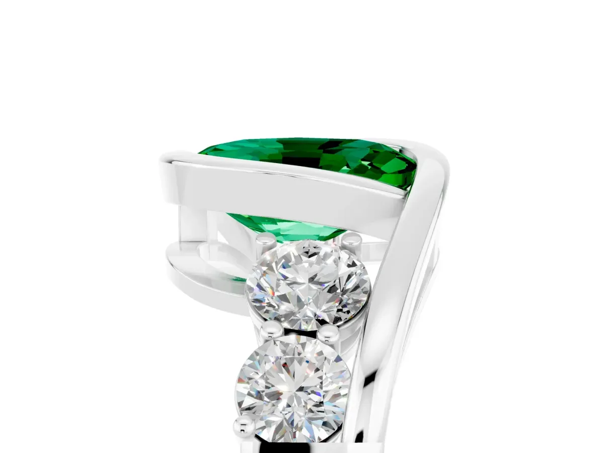 Bezel Set Oval Cut Emerald Bypass Ring with Round Accents Silver
