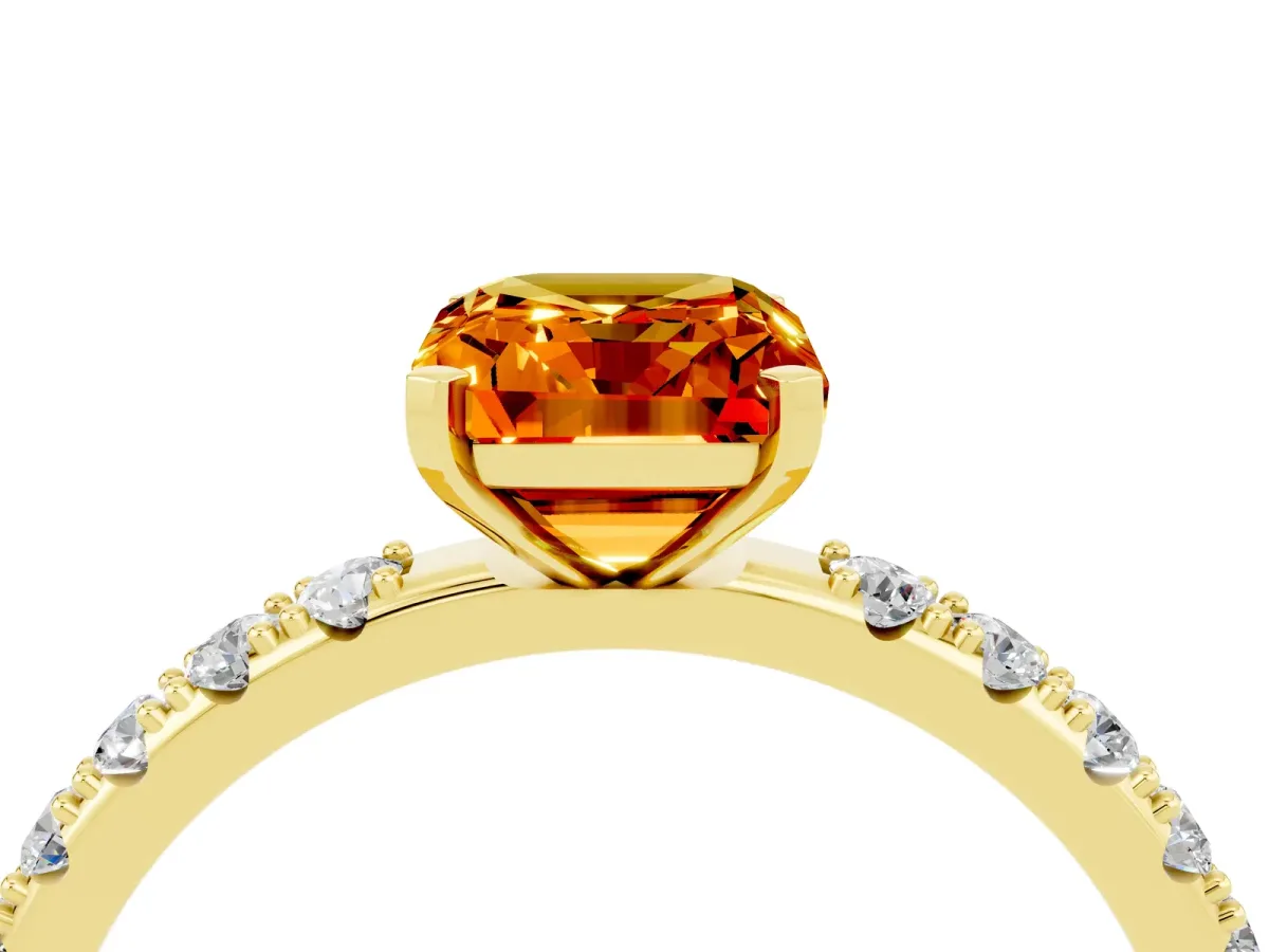 Emerald Cut Citrine Solitaire Pavé Band with Four-Prong Setting Yellow gold
