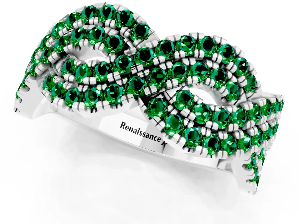 Pavé Round Emerald Infinity Twist Band with Shared Prong Setting Silver