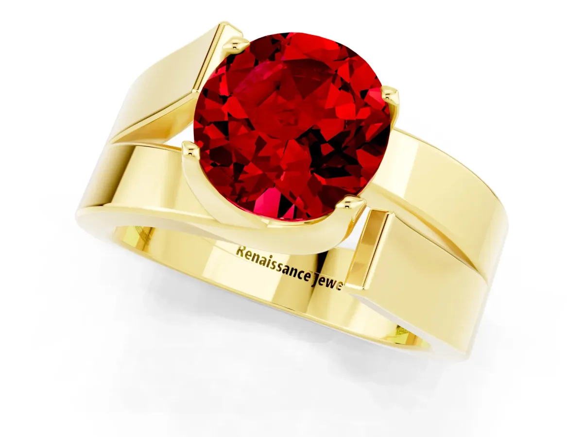 Modern Tension Set Round Cut Ruby Solitaire Wide Band Ring Yellow gold