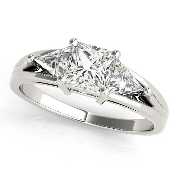 Three-Stone Princess Cut Cut Diamond Ring with Trillion Side Stones on a Split Shank Band Silver