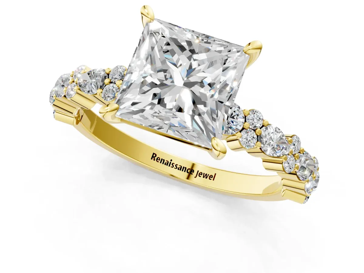 Princess Cut Diamond Side Stone Solitaire Ring with Round and Four-Prong Setting Yellow gold