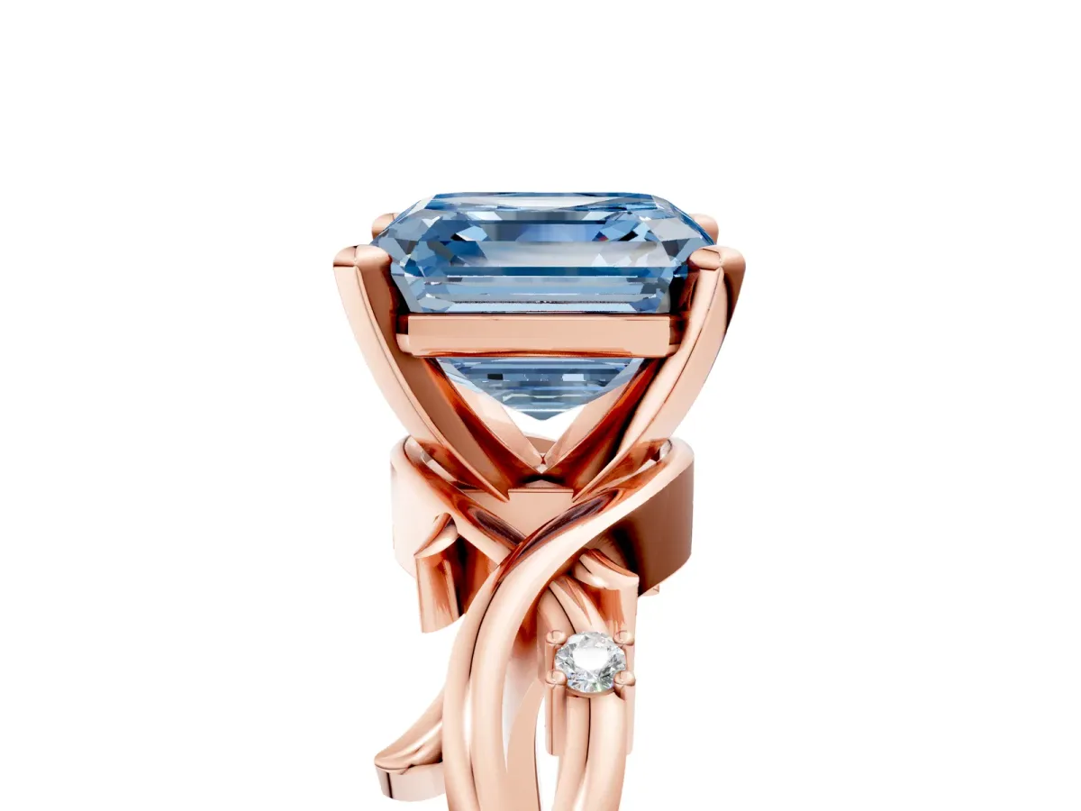 Fancy Blue Asscher Cut Diamond Solitaire Ring with Twisted Band and Prong Setting Rose gold