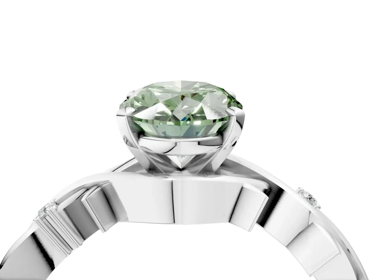 Fancy Green Oval Cut Diamond Solitaire Ring with Twisted Band and Prong Setting Silver