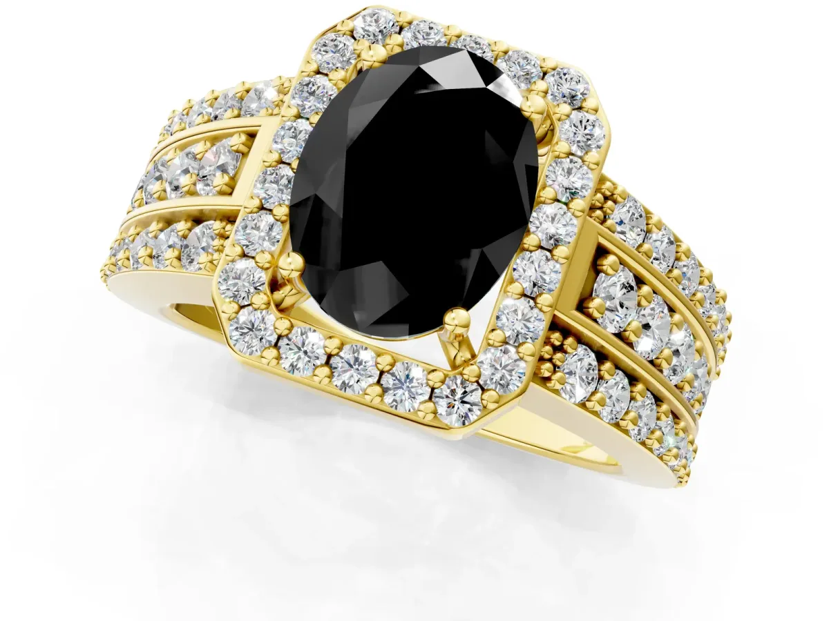 Fancy Black Oval Cut Halo Diamond Ring with Round Split Shank and Prong Setting Yellow gold