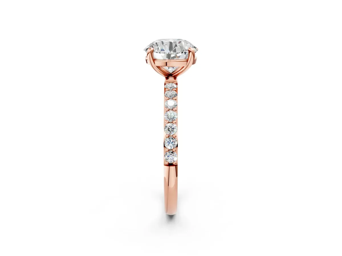 Round Cut Diamond Solitaire Ring with Round Pavé Band and Prong Setting Rose gold