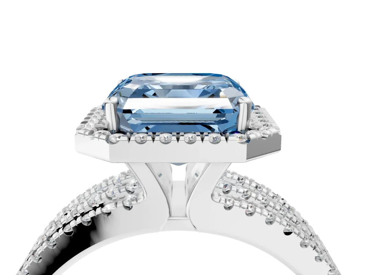 Fancy Blue Asscher Cut Diamond Halo Engagement Ring with Split Shank and Four-Prong Setting Platinum