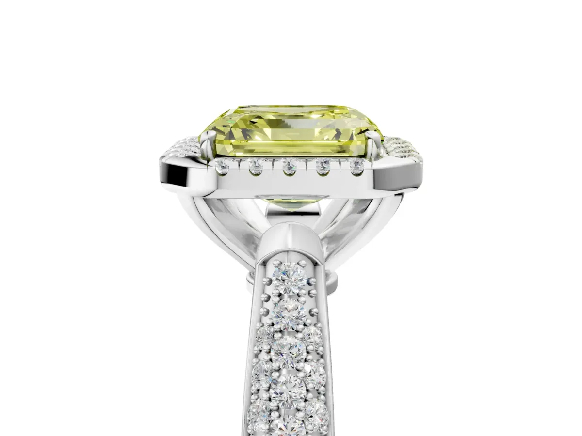 Fancy Yellow Asscher Cut Halo Diamond Ring with Pavé Band Platinum
