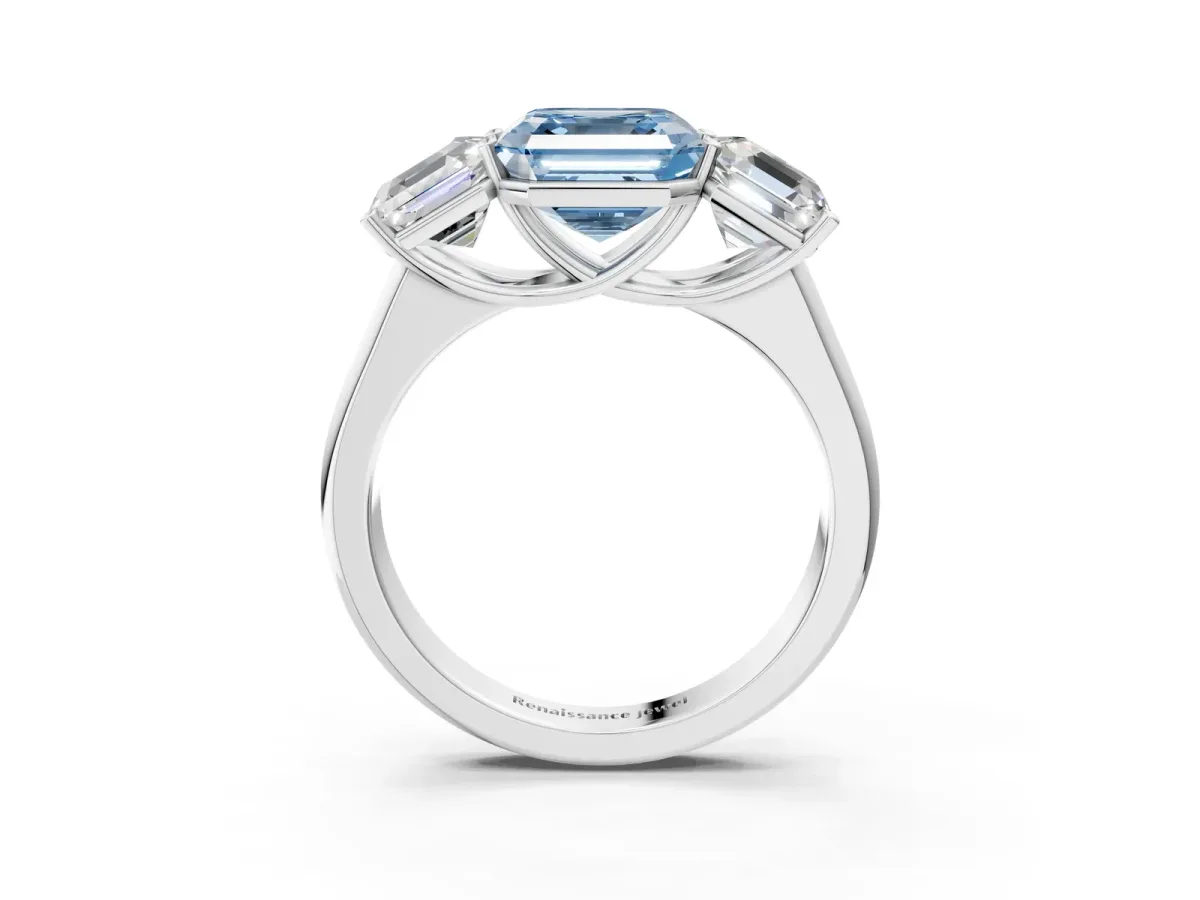 Fancy Blue Asscher Cut Three-Stone Diamond Ring with Prong Setting on a Classic Band Platinum