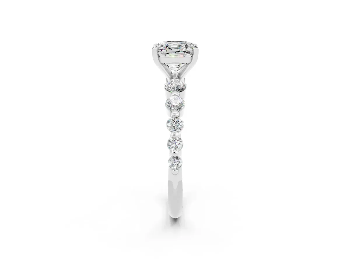 Cushion Cut Solitaire Moissanite Ring with Pave Band and Four-Prong Setting Silver