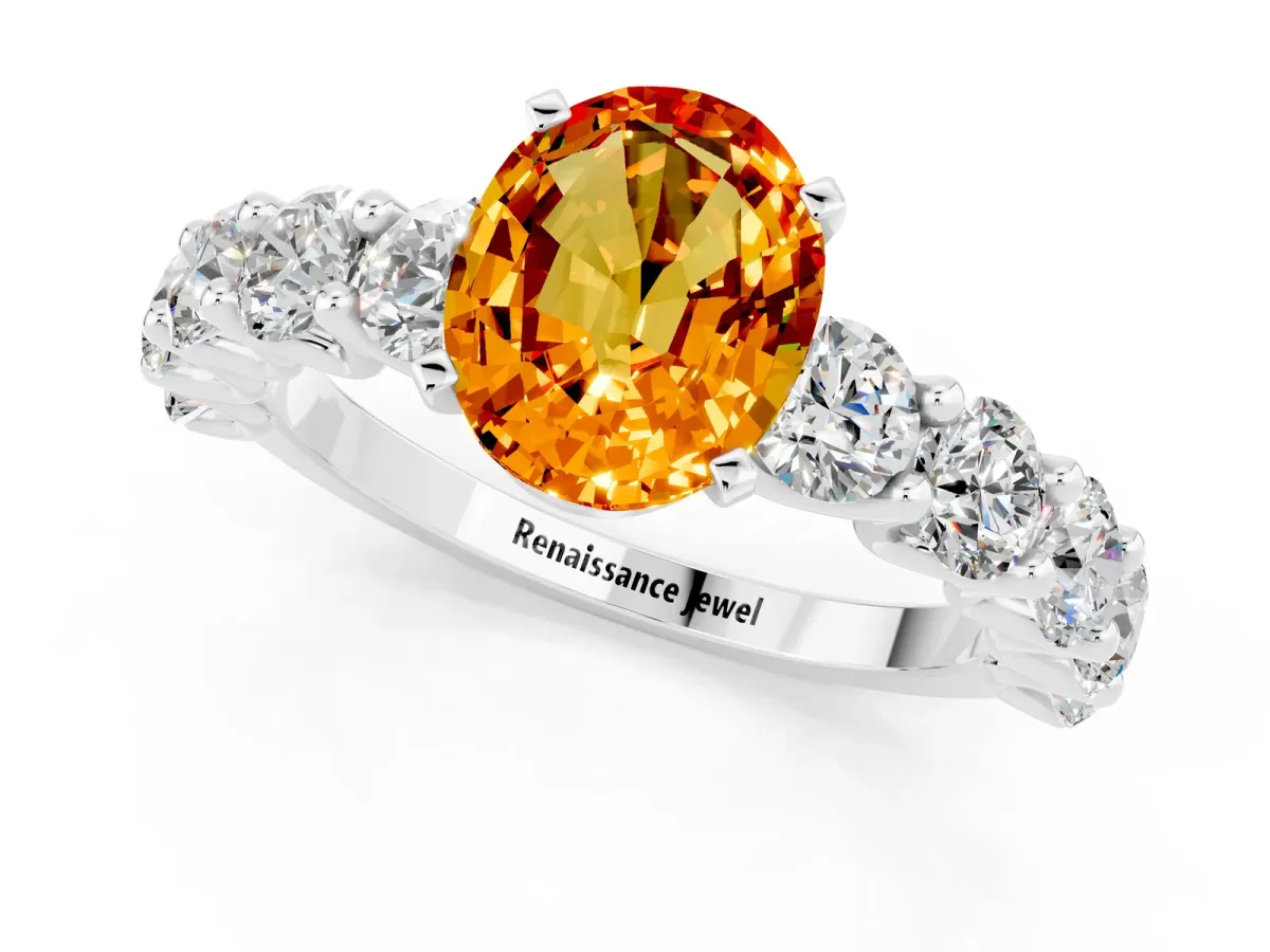 Oval Cut Citrine Prong Setting with Side Stones on a Pave Band Platinum