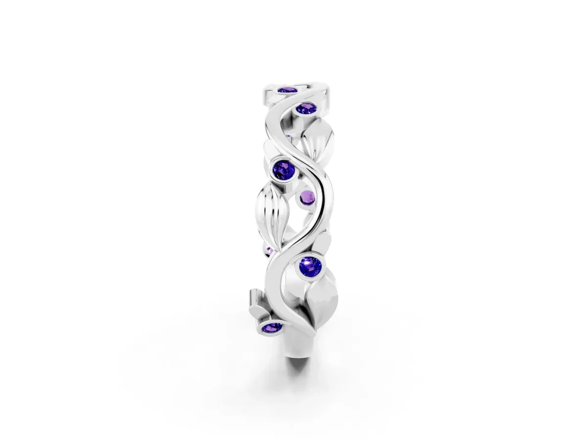 Round Tanzanite Leaf Eternity Band with Bezel Setting White gold