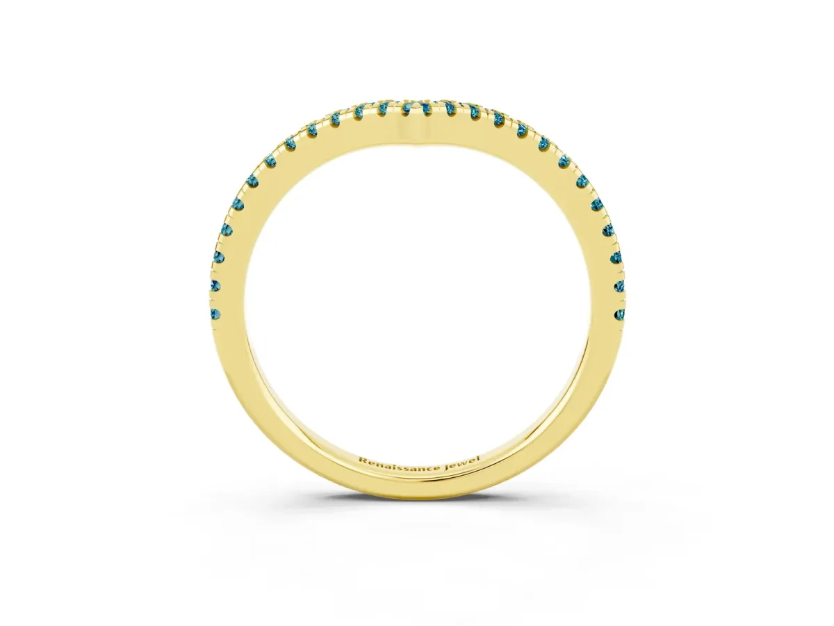 Pavé Round Blue Topaz V-Shaped Chevron Band with Shared Prong Setting Yellow gold