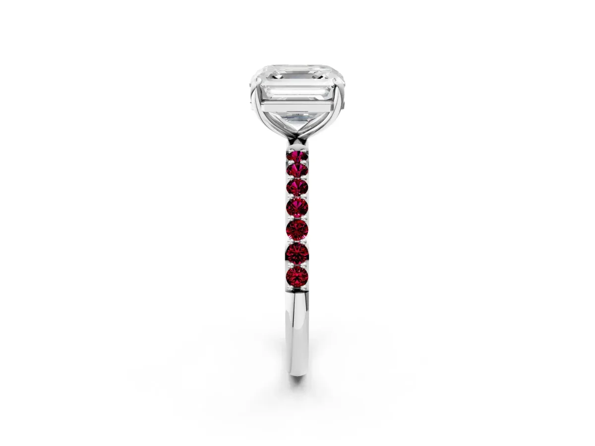 Asscher Cut Diamond Solitaire Ring with Round Garnet Pavé Band and Prong Setting Silver