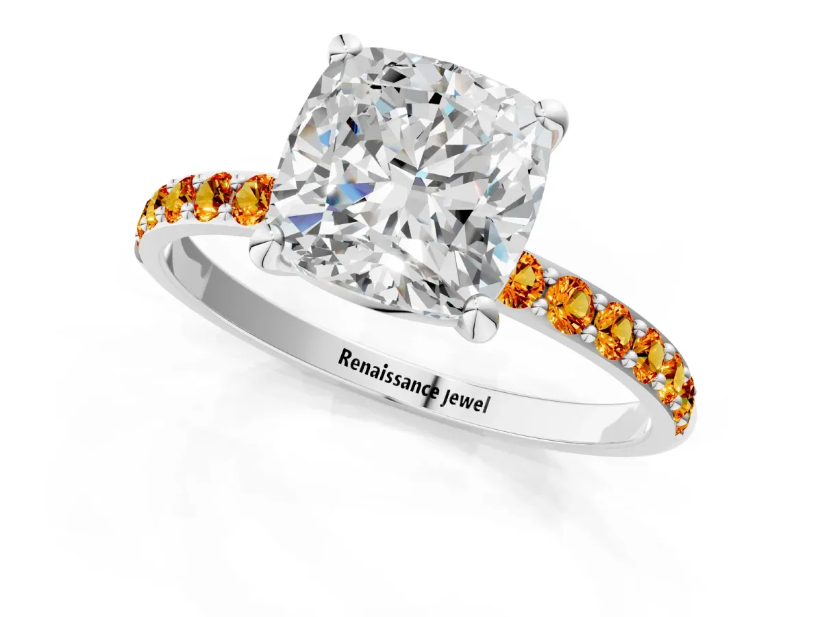 Cushion Cut Diamond Solitaire Ring with Round Citrine Pavé Band and Prong Setting Silver