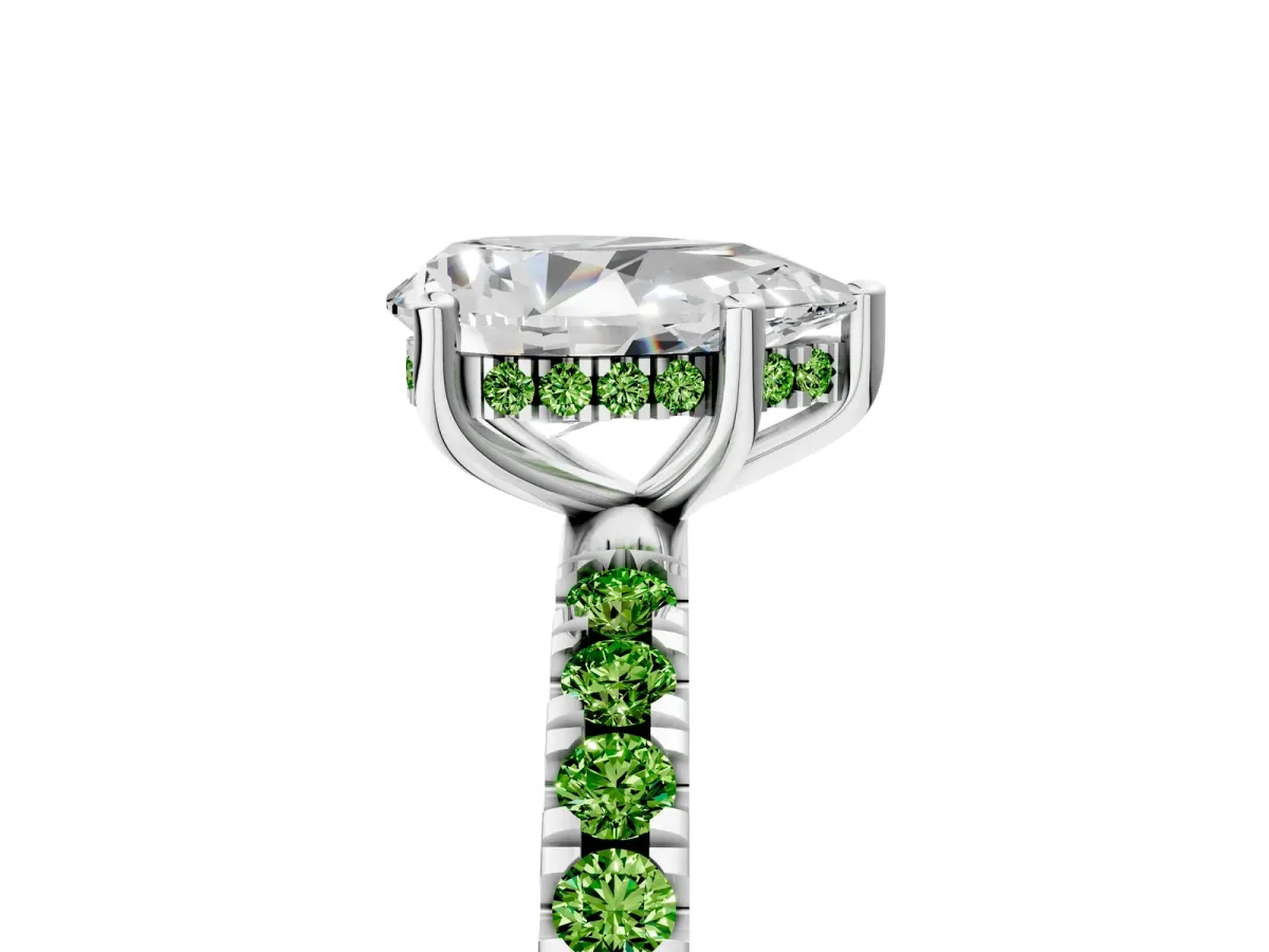 Pear Cut Diamond Pave Band Solitaire Ring with Round Peridot and Prong Setting Silver