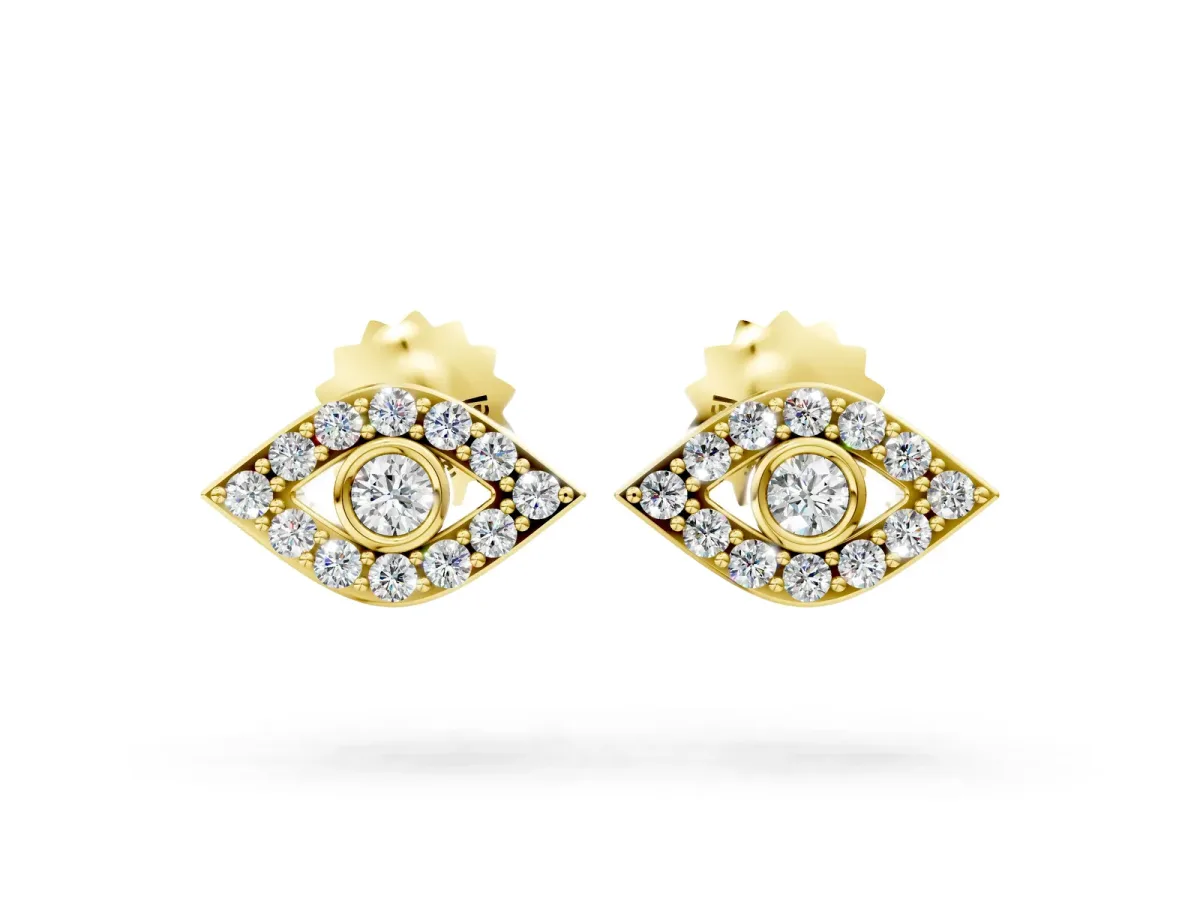 Round Diamond Bezel Center Evil Eye Stud Earrings Yellow gold