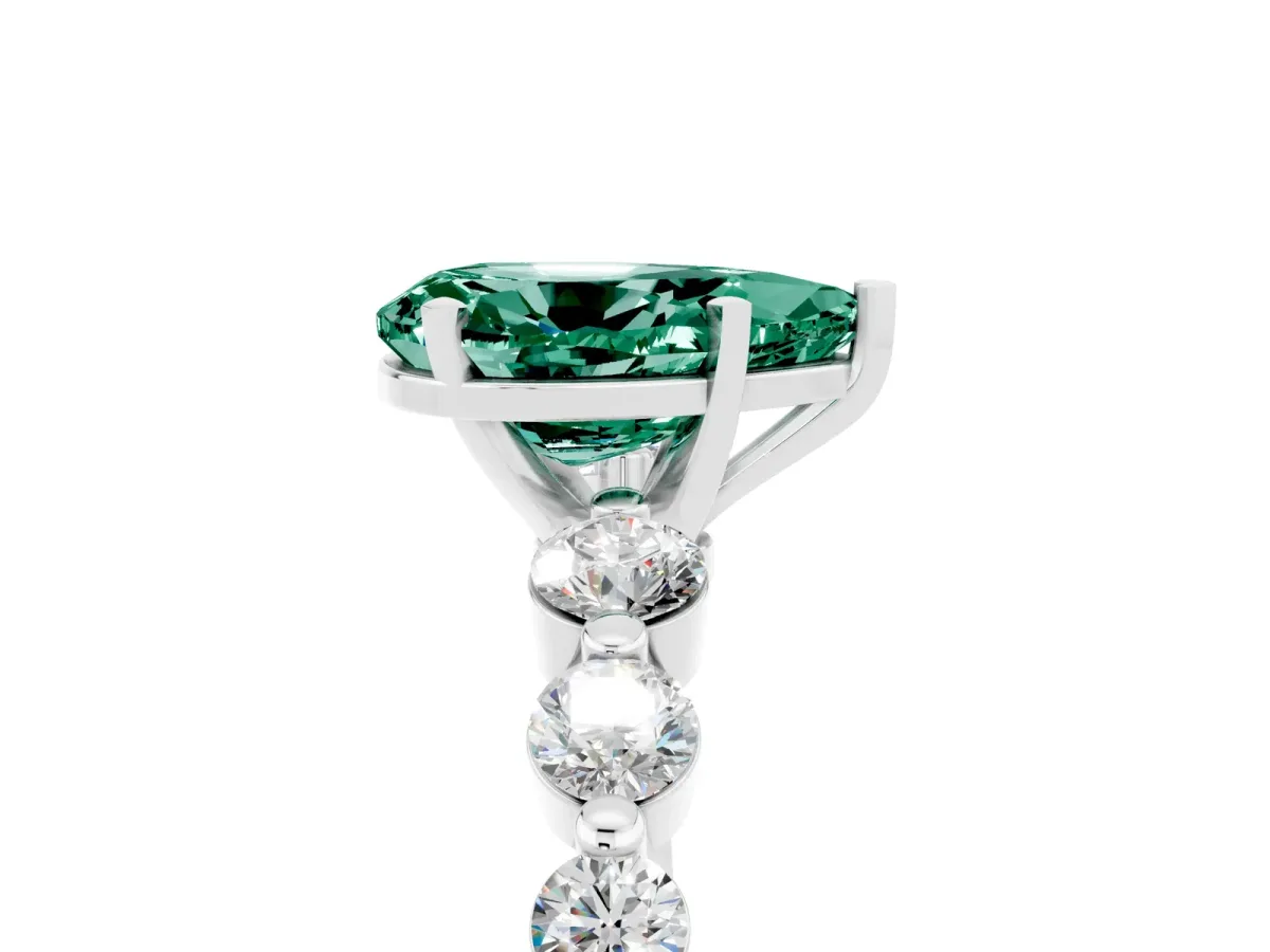 Pear Cut Solitaire Green Sapphire Ring with Pave Band and Four-Prong Setting Silver