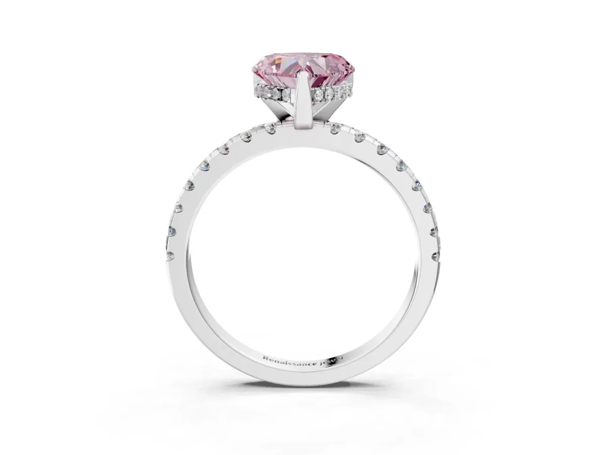 Fancy Pink Heart Cut Diamond Solitaire Ring with Round Pavé Band and Four-Prong Setting Silver