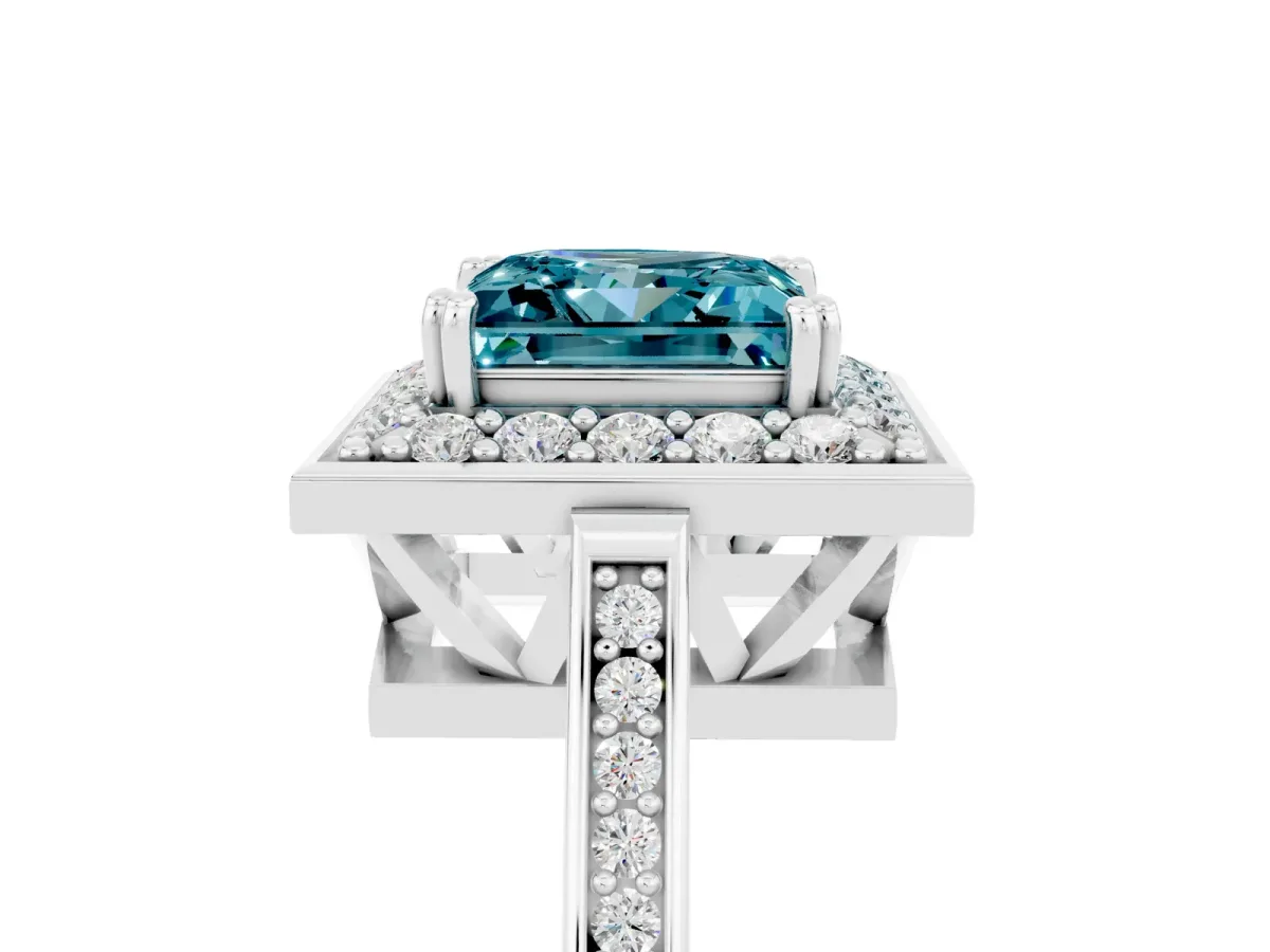 Princess Cut Blue Topaz Halo Ring with Split Shank and Four-Prong Setting Platinum