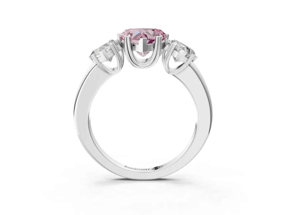 Fancy Pink Three-Stone Heart Cut Cut Diamond Ring with Channel Set Band and Four-Prong Setting Silver