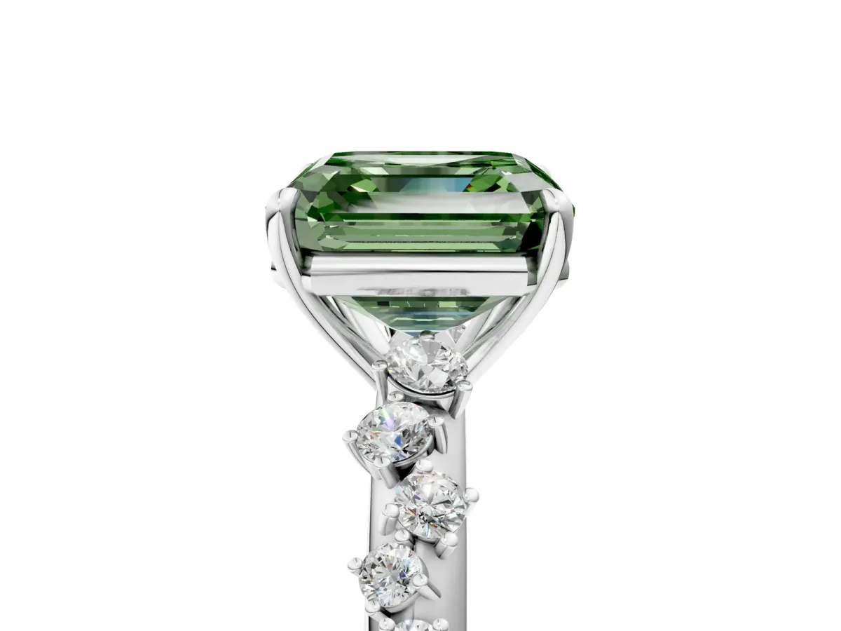 Fancy Green Asscher Cut Diamond Cluster Side Stone Solitaire Ring with Prong Setting Platinum