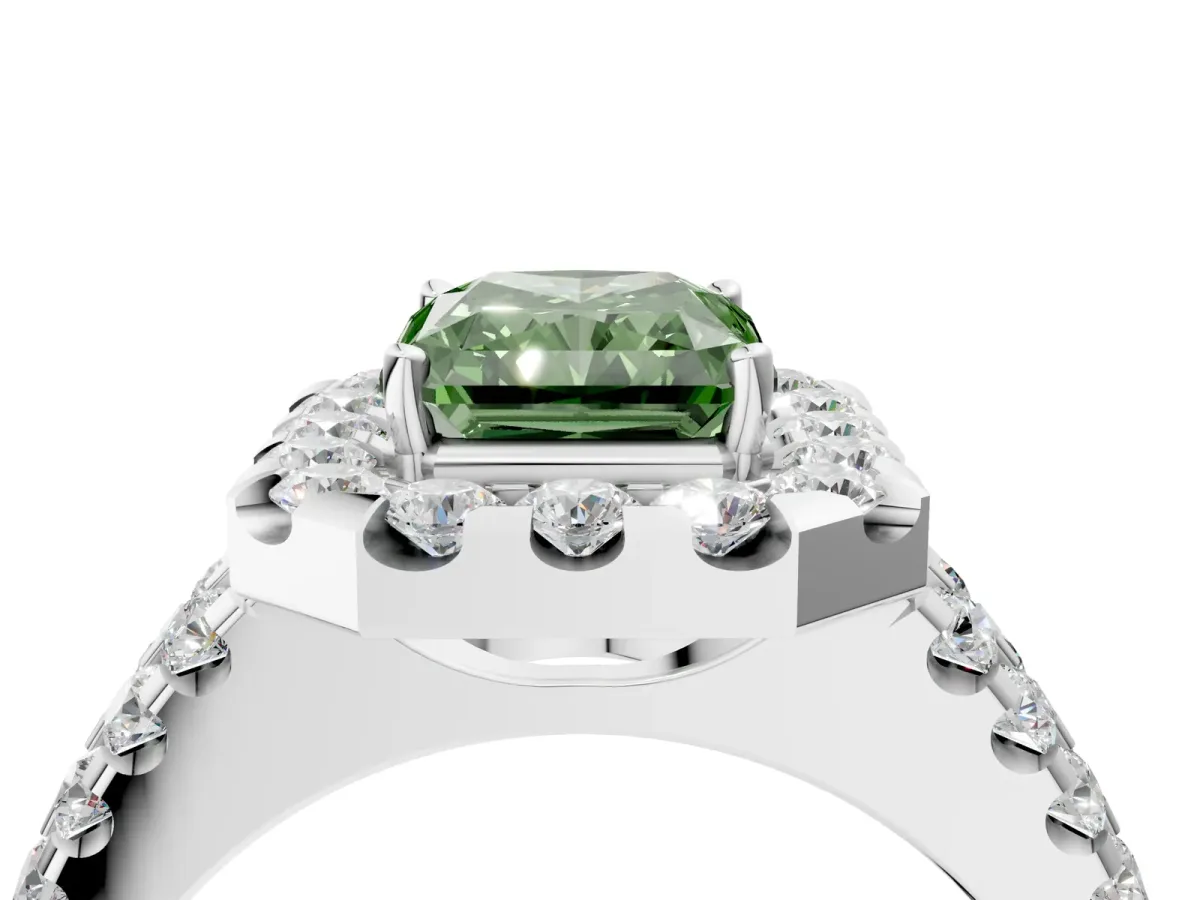 Fancy Green Radiant Cut Halo Diamond Split Shank Engagement Ring with Prong Setting Platinum