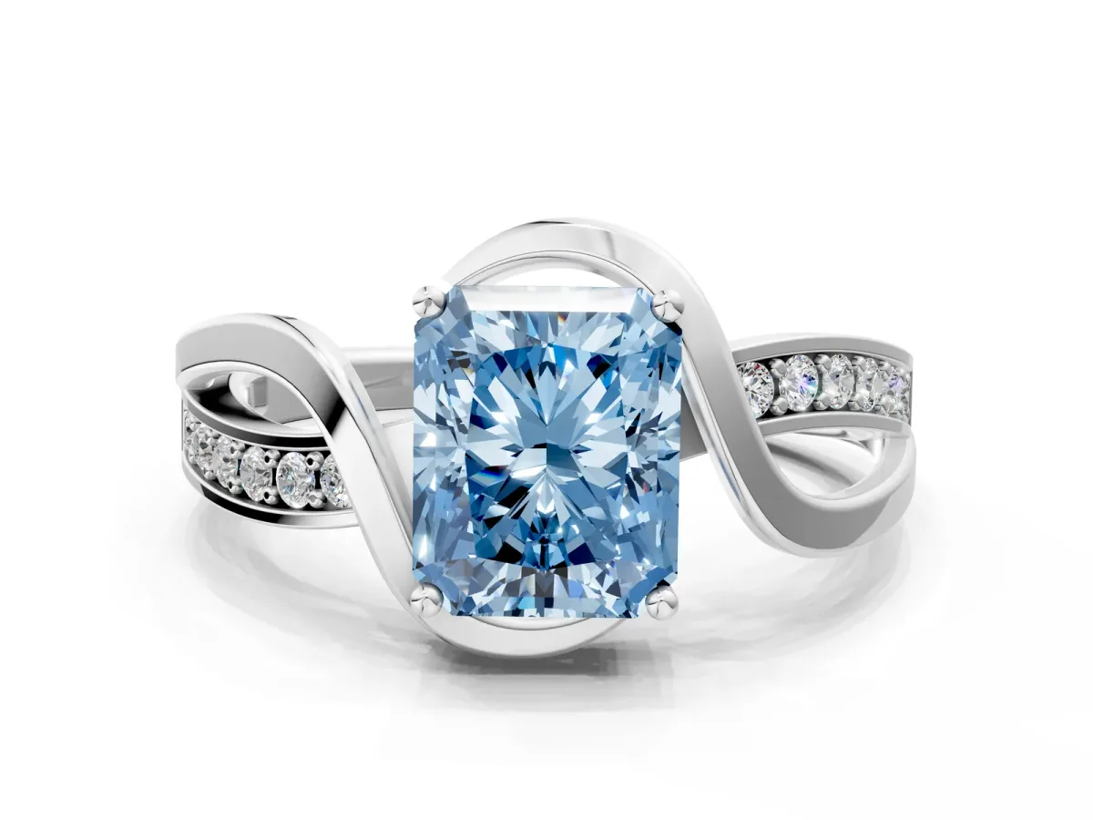 Fancy Blue Radiant Cut Solitaire Twisted Band with Prong Setting Platinum