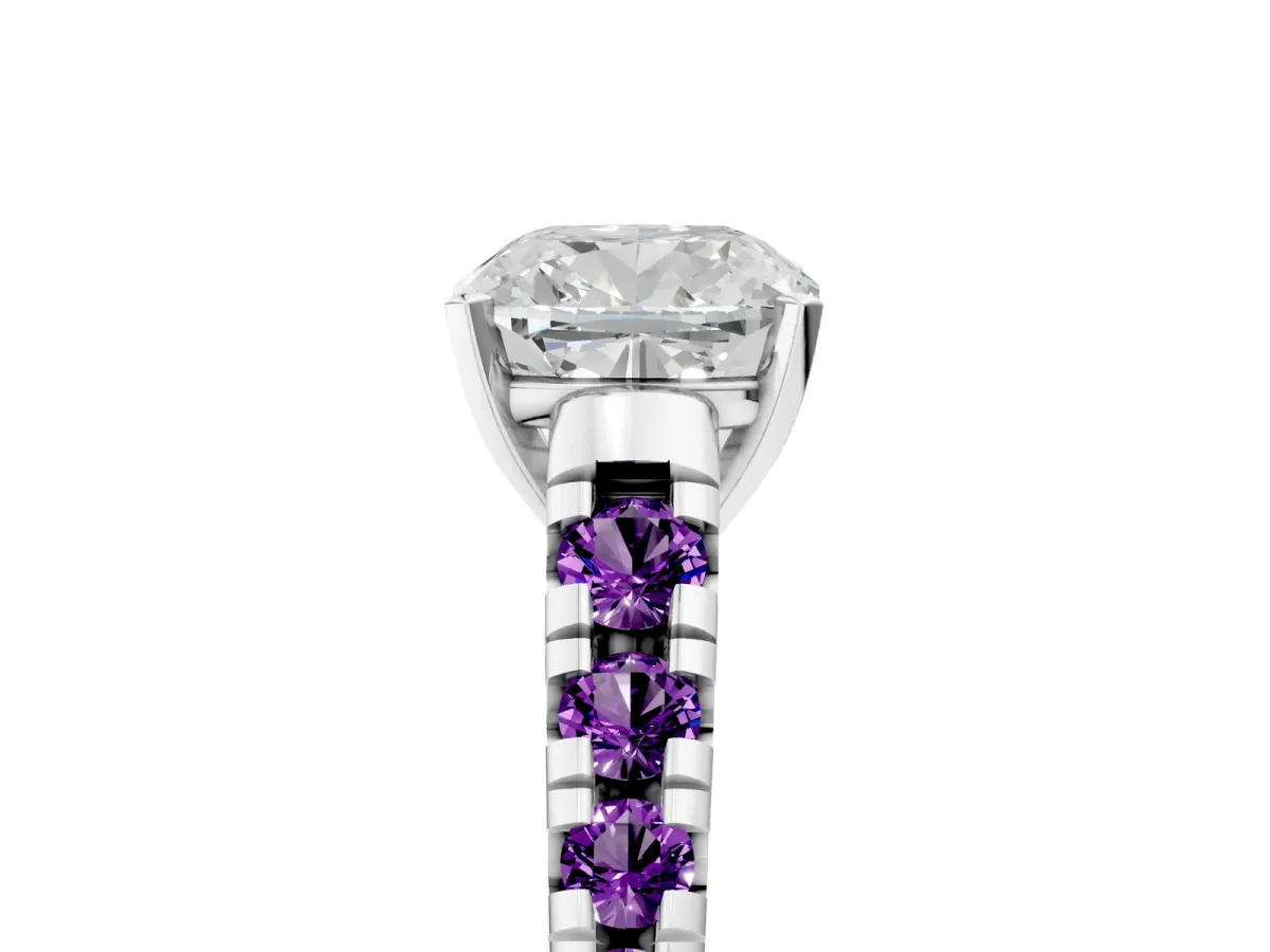Cushion Cut Diamond Cathedral Solitaire Ring with Round Amethyst Pavé Band Platinum