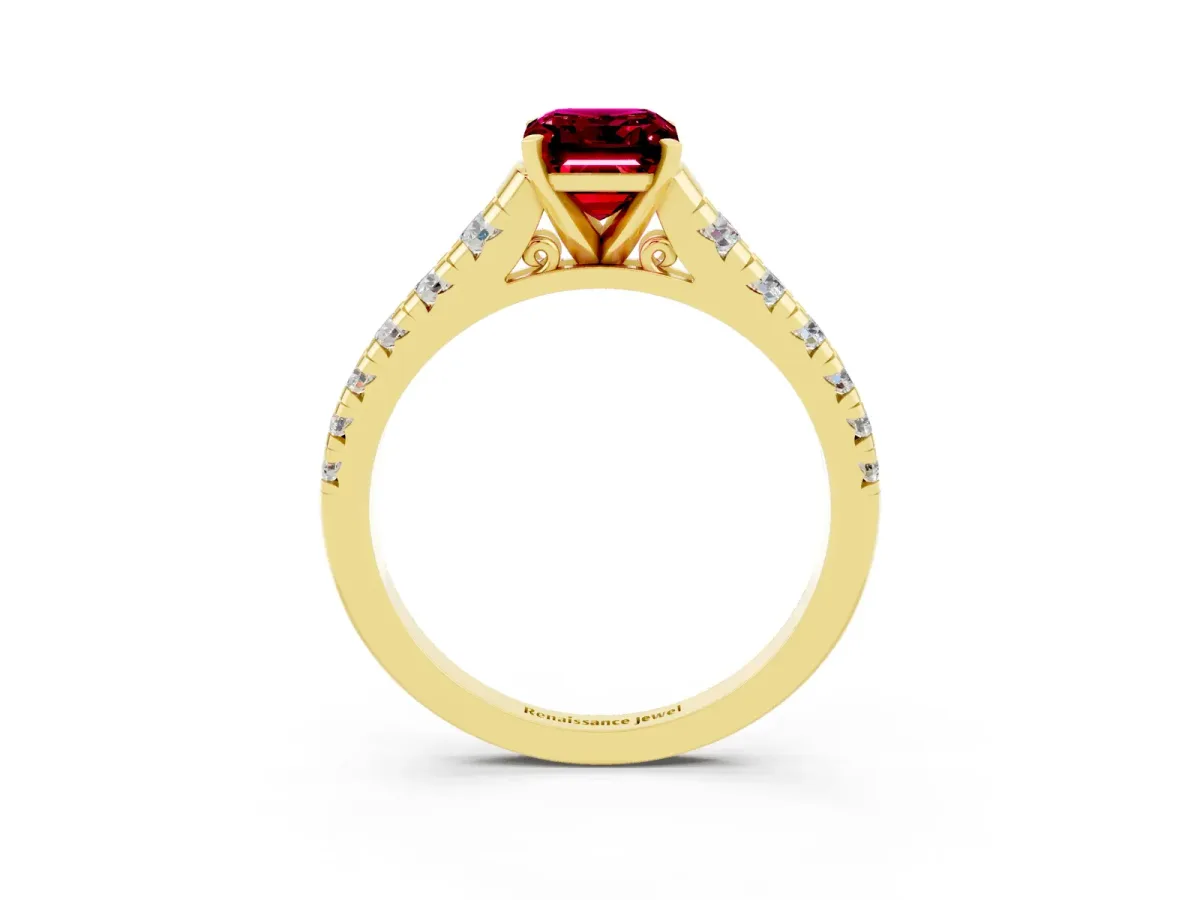 Emerald Cut Garnet Cathedral Solitaire Ring with Round Pavé Band Yellow gold