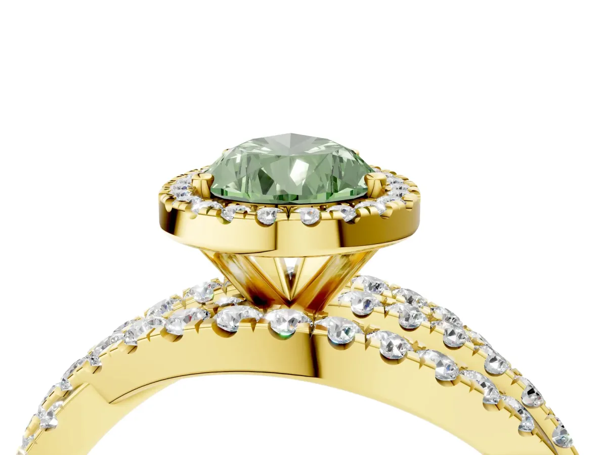 Fancy Green Pear Cut Diamond Halo Ring with Round Split Shank and Prong Setting Yellow gold