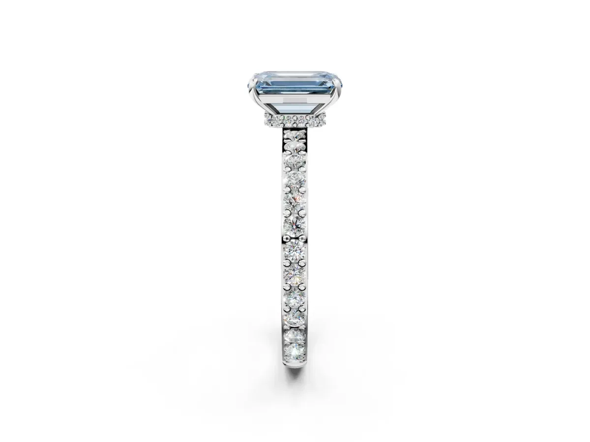 Fancy Blue Emerald Cut Diamond Solitaire Engagement Ring with Pavé Band and Four-Prong Setting Silver