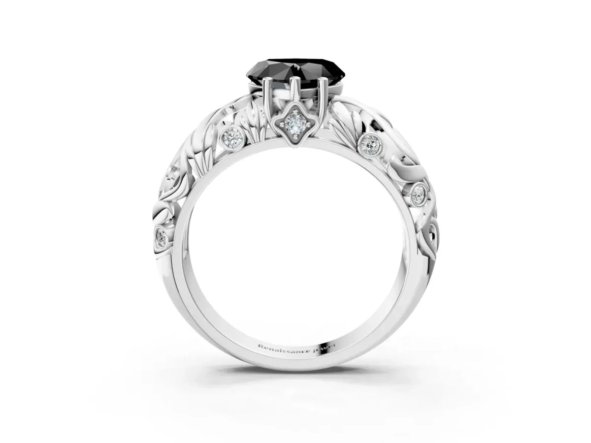 Fancy Black Heart Cut Solitaire Diamond Leaf-Inspired Vine Band Ring with Prong Setting Platinum