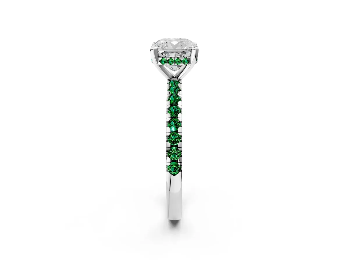 Cushion Cut Diamond Solitaire Ring with Round Emerald Pavé Band and Four-Prong Setting Silver