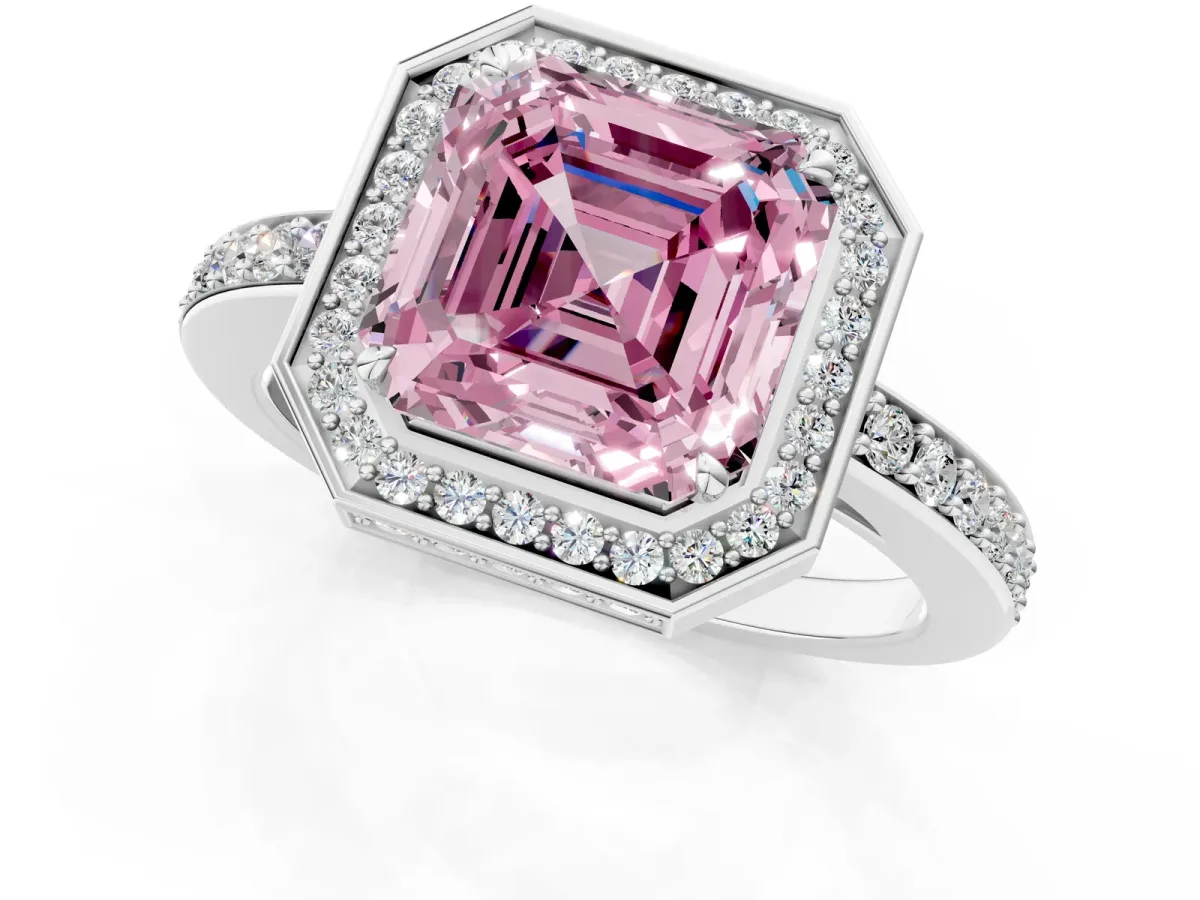 Fancy Pink Asscher Cut Halo Pave Band Solitaire Ring with Prong Setting Platinum