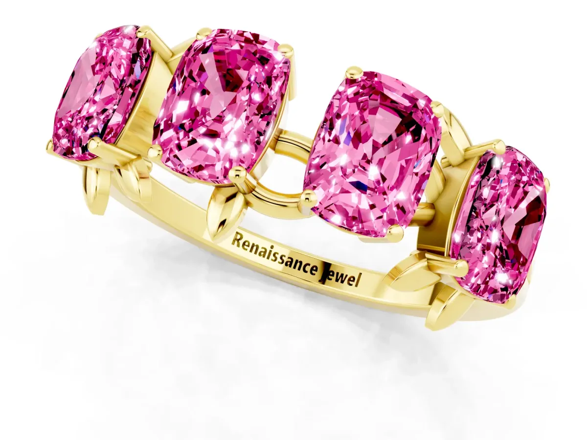Emerald Cut Pink Sapphire Prong-Set Half Eternity Band Yellow gold