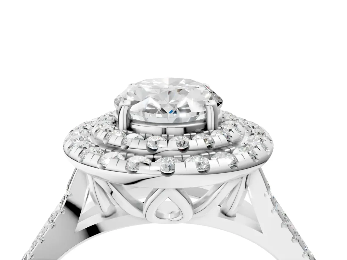 Double Halo Oval Cut Diamond Pavé Split Shank Ring with Prong Setting Silver