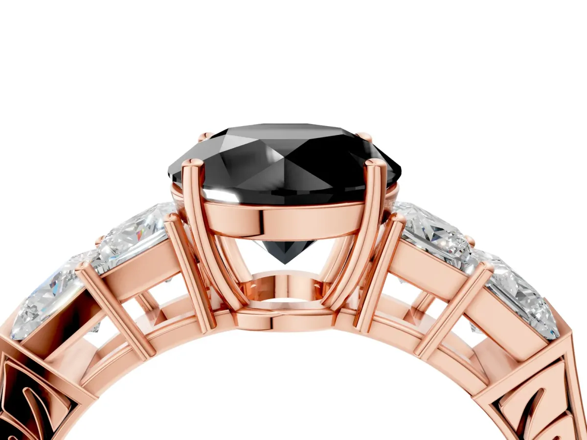 Fancy Black Round Cut Solitaire Princess Side Stone Engraved Band Prong Setting Ring Rose gold