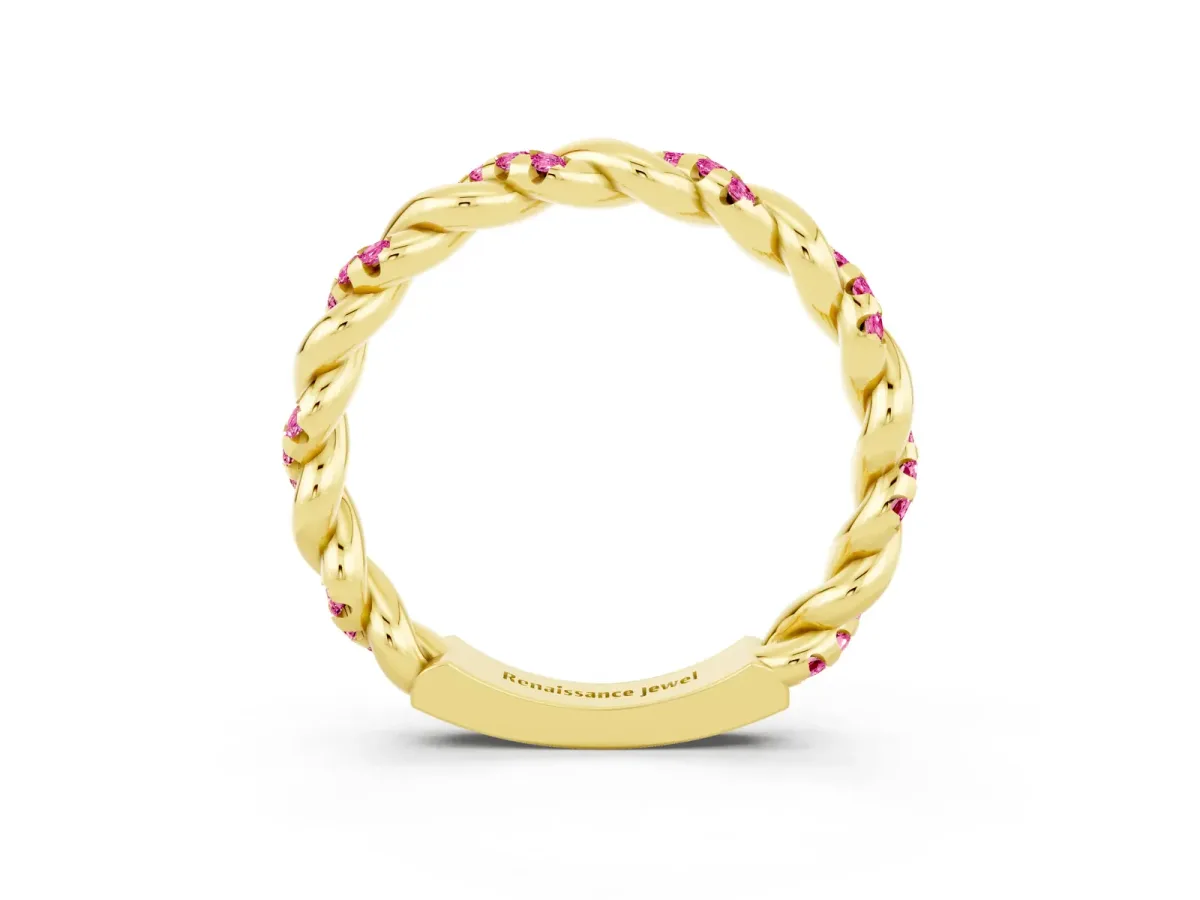 Twisted Pavé Round Pink Sapphire Eternity Band Yellow gold