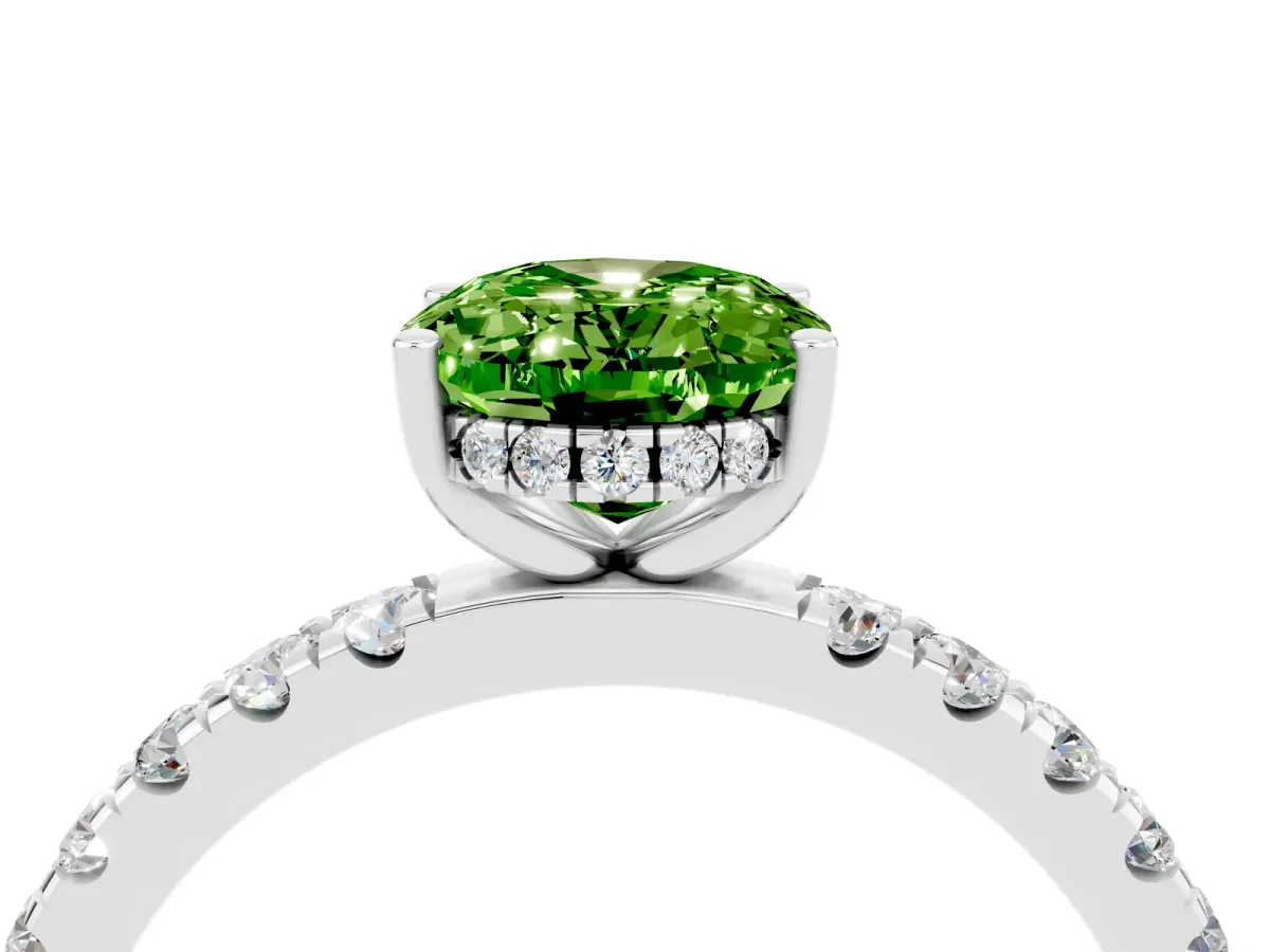 Oval Cut Peridot Pave Band Solitaire Ring with Round and Prong Setting Platinum