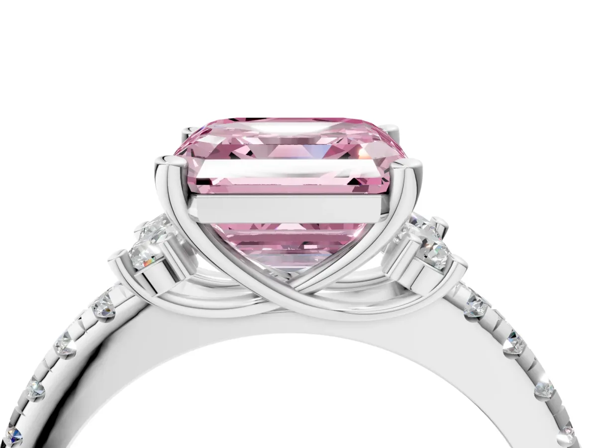 Fancy Pink Asscher Cut Diamond Three-Stone Pave Band with Four-Prong Setting Platinum