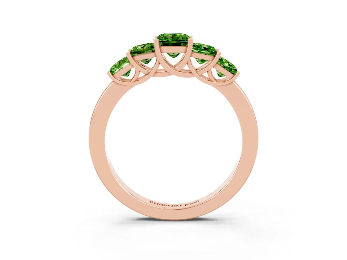 Princess Cut Five-Stone Peridot Ring with Classic Prong Setting Rose gold