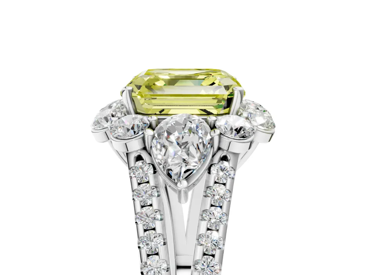 Fancy Yellow Asscher Cut Halo Split Shank Diamond Engagement Ring with Prong Setting Platinum