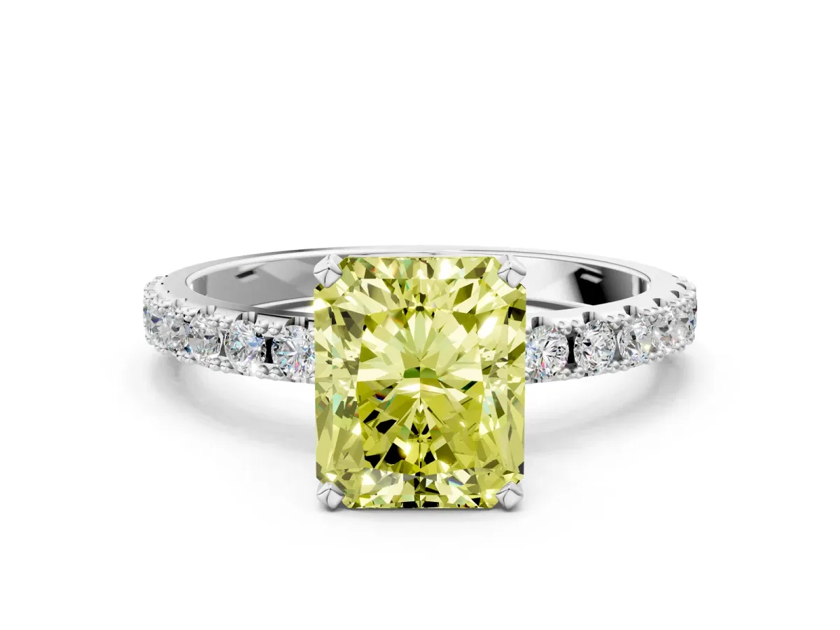 Fancy Yellow Radiant Cut Diamond Solitaire Pavé Band with Four-Prong Setting Silver