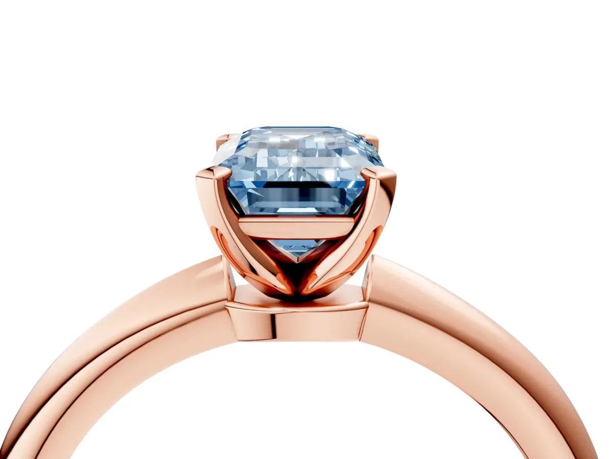Fancy Blue Emerald Cut Diamond Solitaire Ring with Six-Prong Setting and Classic Band Rose gold
