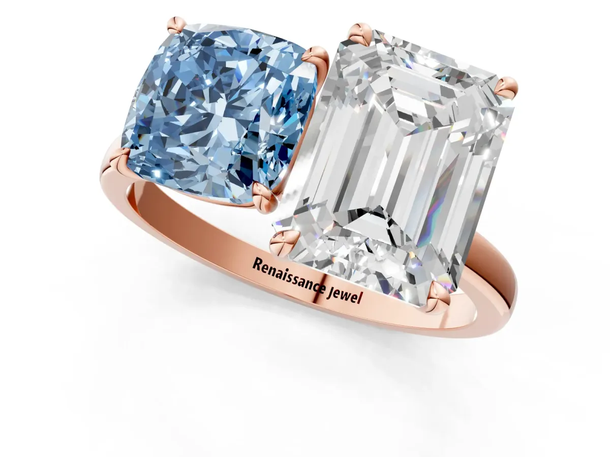 Fancy Blue Cushion Cut and Emerald Cut Toi Moi Ring with Prong Setting Rose gold