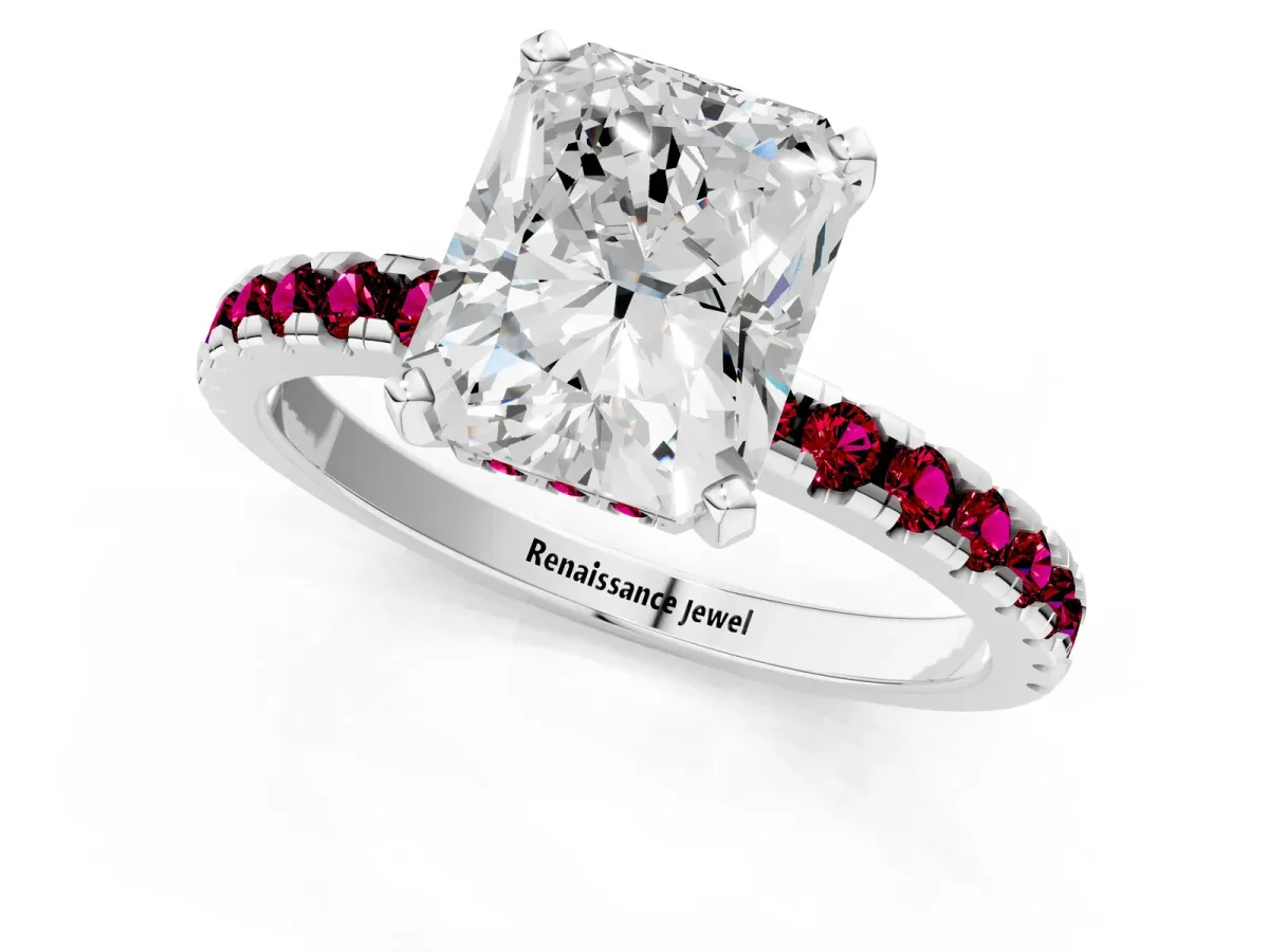 Radiant Cut Diamond Solitaire Ring with Round Garnet Pavé Band and Four-Prong Setting Silver